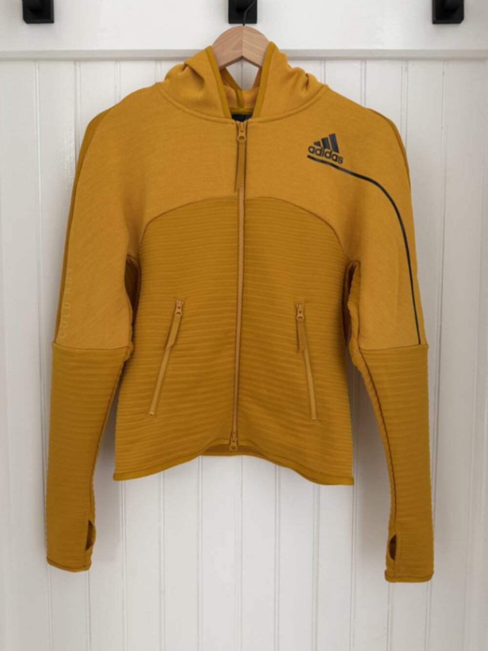 adidas Z.N.E. COLD.RDY Full Zip Hoodie — Mustard Gold, Thumbholes, Womens XS